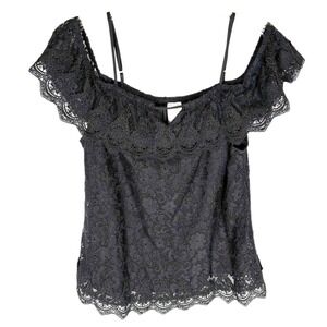 Black Lace Off Shoulder Top Sz XL Flutter Sleeve Scallop Hem Boho Romantic Goth